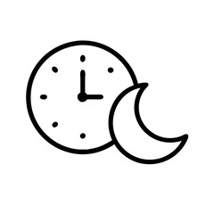 Clock with moon icon in black outline. Sleep, night routine, rest