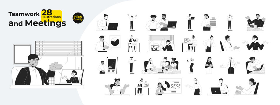 Corporate life outline illustrations mega bundle. Workplace communication. Remote teamwork. Professional talk. Diverse employees 2D linear images isolated. Collection black and white vector drawings