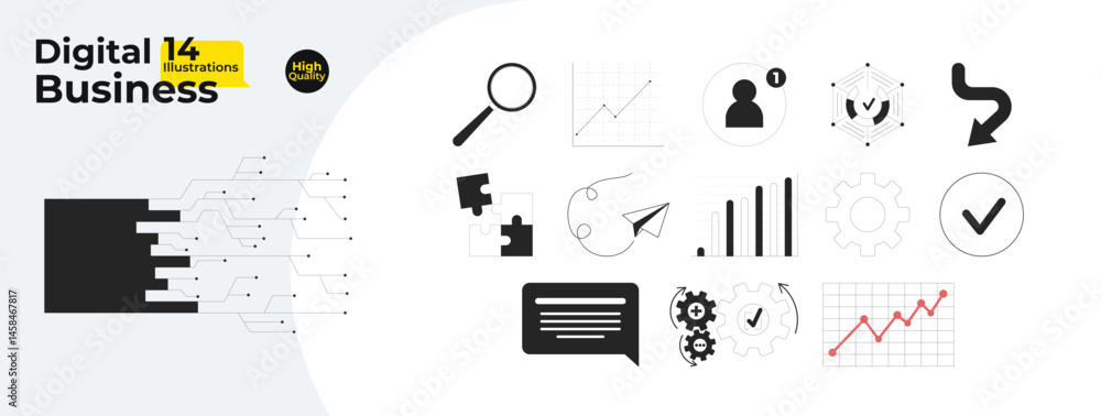 Poster digital business tools and process optimization outline illustrations mega bundle. workflow, analyti