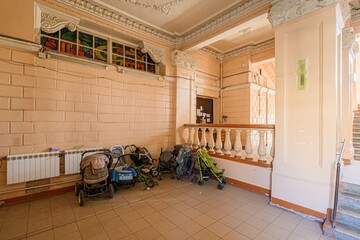 interior apartment public place, house entrance. doors, walls, staircase corridors