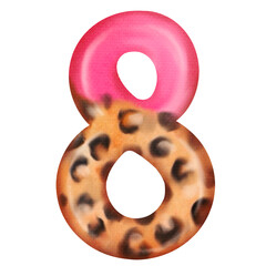 Illustration of number eight with bright pink pattern and exotic animals. Design for party decor, welcome basket.