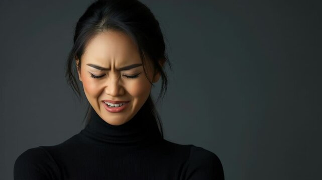 Woman expressing frustration against a dark background  
