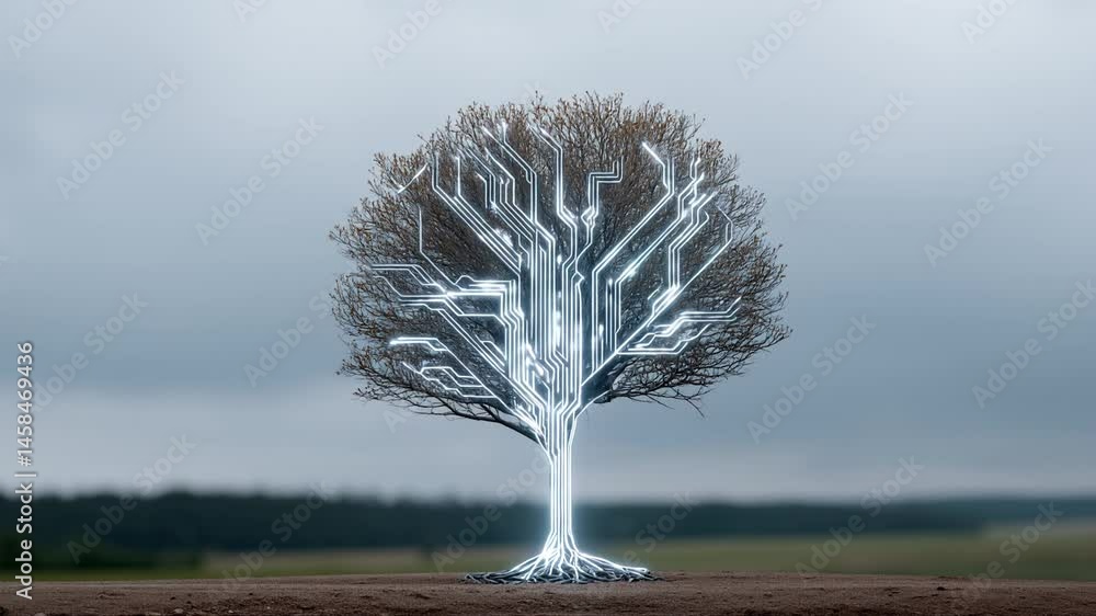 Poster the tree of technology: a striking abstract image of a tree, rendered in metallic chrome, branches i