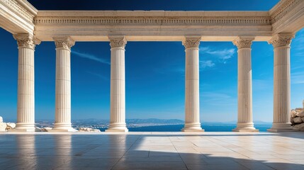 Fototapeta premium Majestic classical columns overlooking a serene seascape.