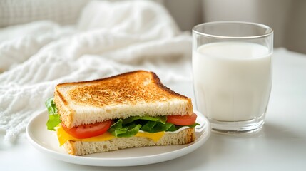 Toasted sandwich with vegetables and cheese next to a glass of milk.

