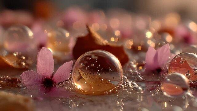 Transparent bubbles and pink flowers