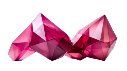 Two low poly pink polygonal objects, gemlike facets, cut out transparent