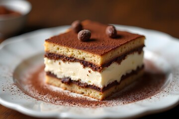Delicious square slice of traditional italian tiramisu cake with cocoa powder garnish