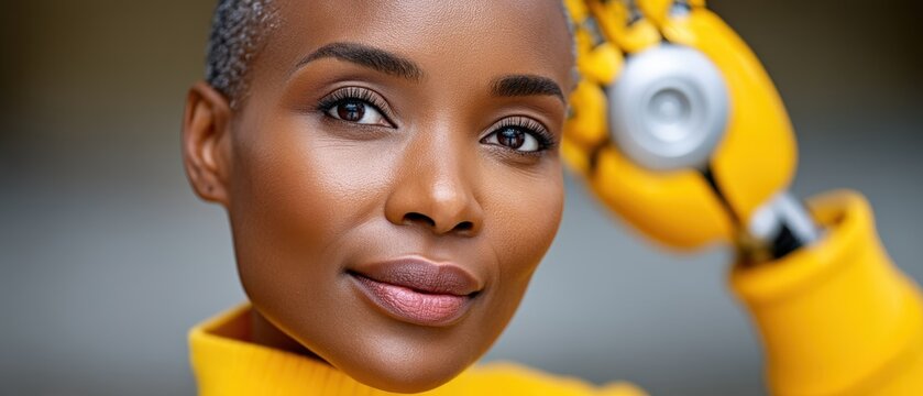 Confident woman showcasing a sleek bionic prosthetic hand with bright yellow accents emphasizing resilience and innovation reflecting modern identity and technology integration