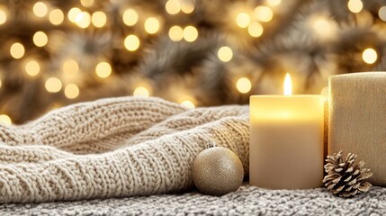 Cozy Christmas Candlelight Scene with Knitted Blanket and Festive Decorations
