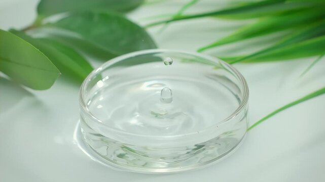 Drop is falling into petri dish with cosmetic or medical liquid in slow motion. Dermatology science laboratory. Concept of natural medicine or cosmetic research and organic skin or body care products