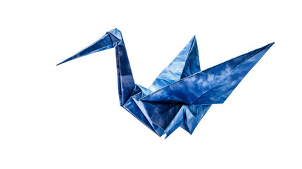 Blue paper crane origami against dark, cut out transparent