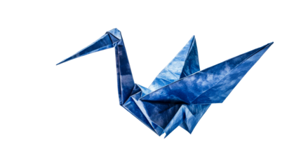 Blue paper crane origami against dark, cut out transparent