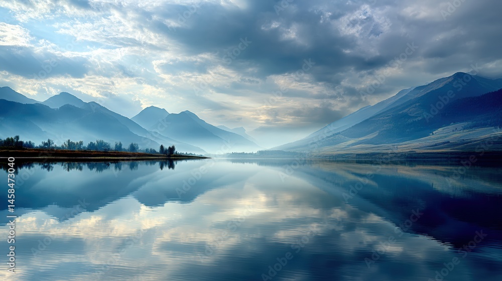 Leinwandbilder serene lake reflecting mountains and sky offers a peaceful escape into nature and tranquility for me