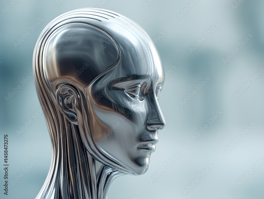 Poster reflective metallic humanoid face showcasing futuristic design and emotional expression highlighting