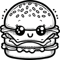 Cute Burger Isolated Line Art Vector Outline Illustration Black and White