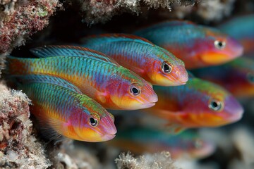 A School of Colorful Wrasses Swimming near Coral Reef, Vivid Aquatic Scene with Tropical Fish in Underwater Environment