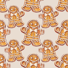 Watercolor seamless pattern with Christmas gingerbread man with ornate on beige background. Celebration winter New Year dessert food for menu. Bakery cookie clipart for December wallpaper or wrapping