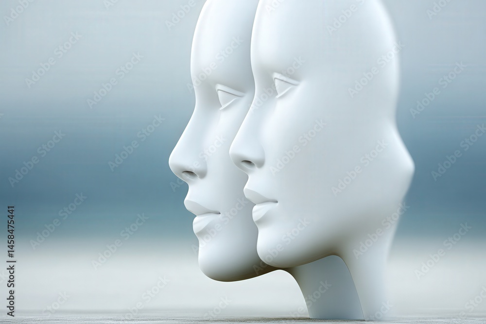 Poster two abstract white faces in profile creating a thought-provoking visual contrast representing identi