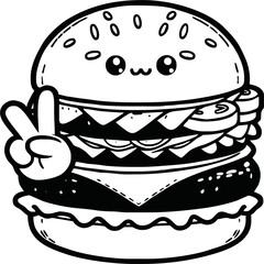 Cute Burger Isolated Line Art Vector Outline Illustration Black and White