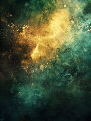 Photo of an abstract galaxy scene with green and gold colors evoking cosmic mystery and wonder