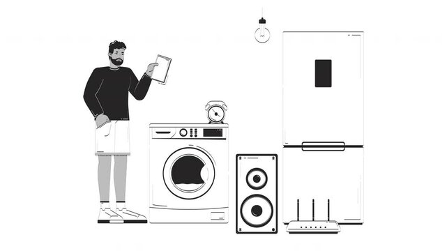 Black man managing smart household appliances using tablet hand drawn whiteboard sketch animation. Wi-Fi technology. IoT user with home devices animated handdrawn concept pencil drawing 4K video