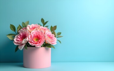 Fototapeta premium Mothers Day flowers in gift box on blue background, copy space . High quality