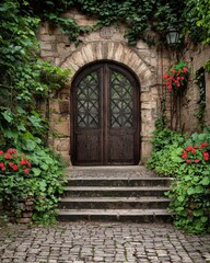 A sturdy stone building featuring a rustic wooden door standing strong against a sunny sky