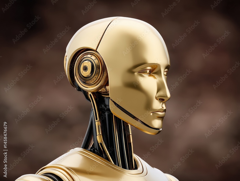 Poster futuristic golden humanoid robot head showcasing advanced technology reflecting on artificial intell