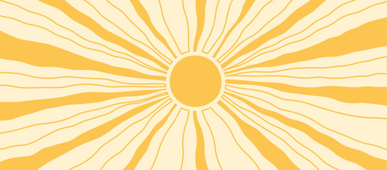 Sun summer pattern, retro ray background, burst sunshine wave line art, abstract groovy texture, radial vintage sunburst, cartoon yellow boho beam. Light geometric psychedelic bg. Vector illustration