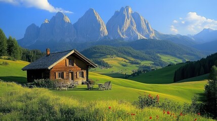 Obraz premium Alpine Cabin Retreat: Serene Mountain Valley Landscape