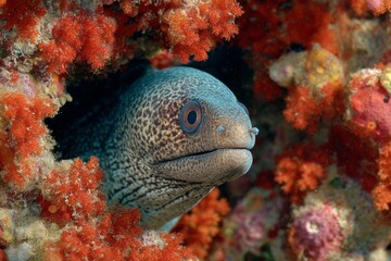 Obraz premium Spotted Moray Eel Portrait Hiding Amongst Vivid Orange Soft Coral Reef Structure in Natural Ocean Habitat