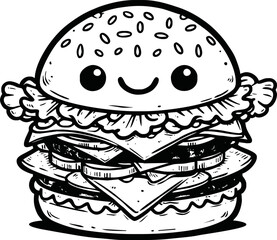 Cute Burger Isolated Line Art Vector Outline Illustration Black and White