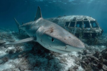 Fototapeta premium Close-up view of Tiger Shark swimming near Airplane wreck on ocean floor with surrounding coral, sea environment
