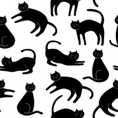 Black cats seamless pattern vector.