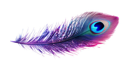 Obraz premium Iridescent peacock plume with glitter, isolated, cut out transparent