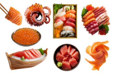 Collection set of sashimi sushi, many ingredient, chopstick, wooden boat, platter bowl tray, raw fish tuna salmon octopus Mackerel Yellowtail squid on transparent cutout PNG. Mockup template	
