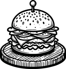Cute Burger Isolated Line Art Vector Outline Illustration Black and White