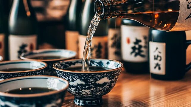 Delicate pour of traditional sake into ceramic cups, embodying Japanese culture