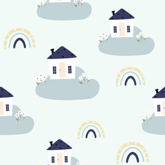 houses on clouds with flowers in the sky and rainbows seamless pattern , vector , illustration