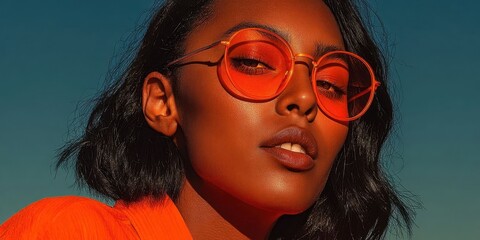 Stylish Black Woman in Orange Sunglasses Against Dreamy Background