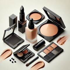 A sleek and elegant makeup collection set displayed against a white background