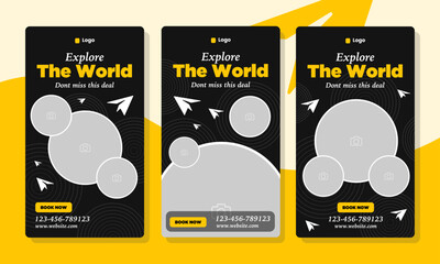 Travel social media stories template with photo placeholders collection, bundle of potrait banner for travel or tourism