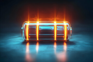 A glowing battery with orange energy beams on a dark blue background.