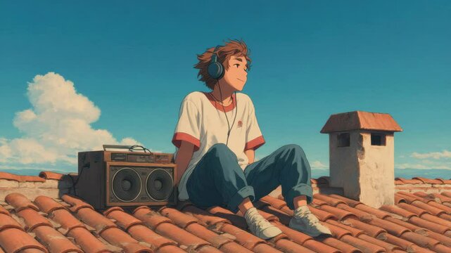Anime Boy Enjoys Lo-Fi Music on Rooftop with Portable Radio and Headphones
