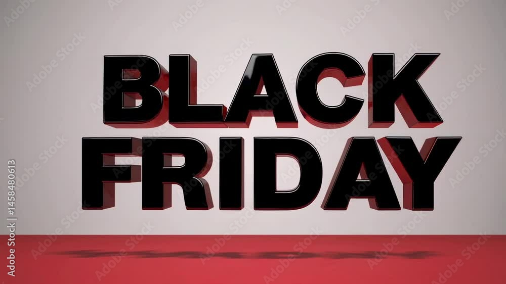 Poster black friday 3d text rotating slowly, casting shadow on white surface with red floor, highlighting s