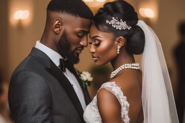 Newlywed couple affectionately embracing in elegant wedding attire with beautiful accessories, in a romantic setting with blurred background