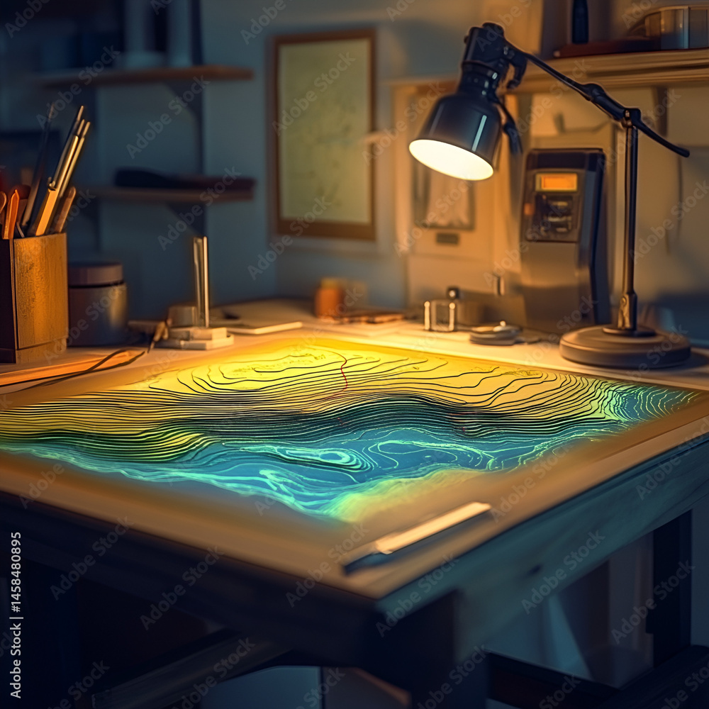 Poster mapping aofthanit lake depth water desk survey station depth map indoor top-down view for data analy
