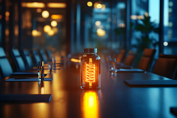 A glowing jar with a human gut model sits on a conference table.