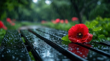 Red poppy on wet park bench in rain © RONNY